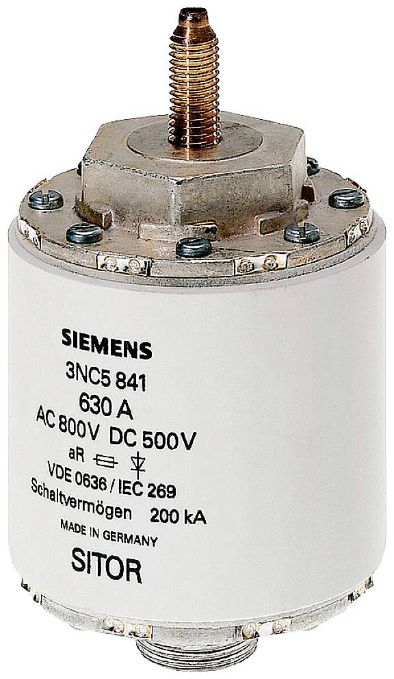 Elektrický pojistkový vložek Siemens, typ 3NC5 841, jmenovitý proud 630 A, AC 800 V, DC 500 V, vypínací schopnost 200 kA.