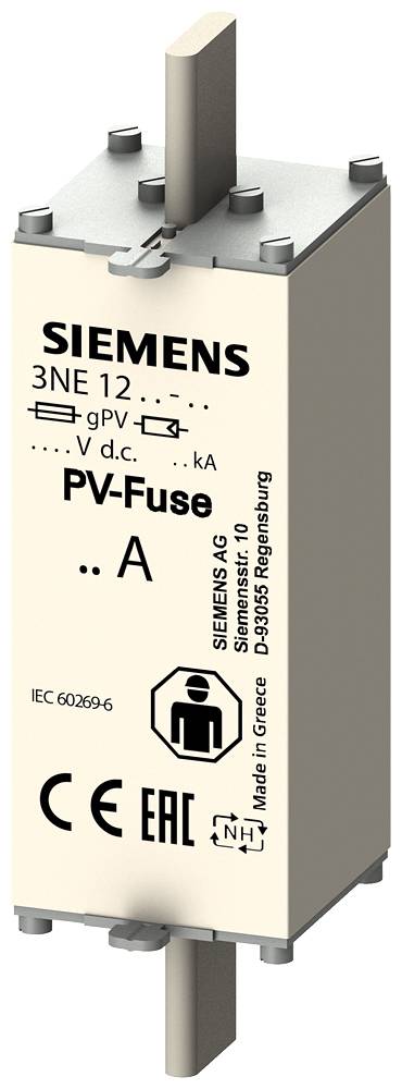 Pojistka Siemens PV s nápisem '3NE 12', 'gPV', 'V d.c.', '.. A'. Symboly CE, EAC a dalších certifikací jsou viditelné.