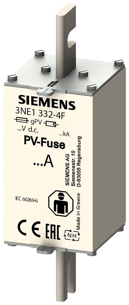 Produktové foto Siemens bezpečnostní pojistky s nápisem 'PV-Fuse'. Modelové číslo 3NE1 332-4F zřetelně viditelné.