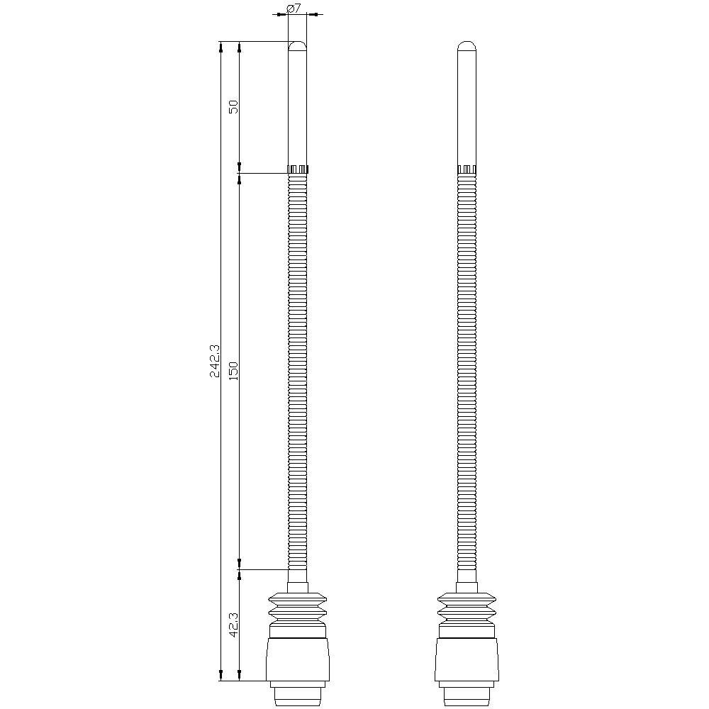 Čárový diagram technické tyče s rozměry: celková délka 242,3 mm, horní úsek 50 mm, šířka 7 mm. Znázorňuje délkové poměry.