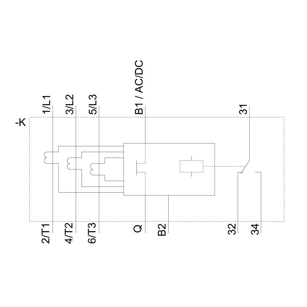 Schéma elektrického spínacího zařízení s označeními svorek: L1, L2, L3, T1, T2, T3, AC/DC, 31, 32, 34.