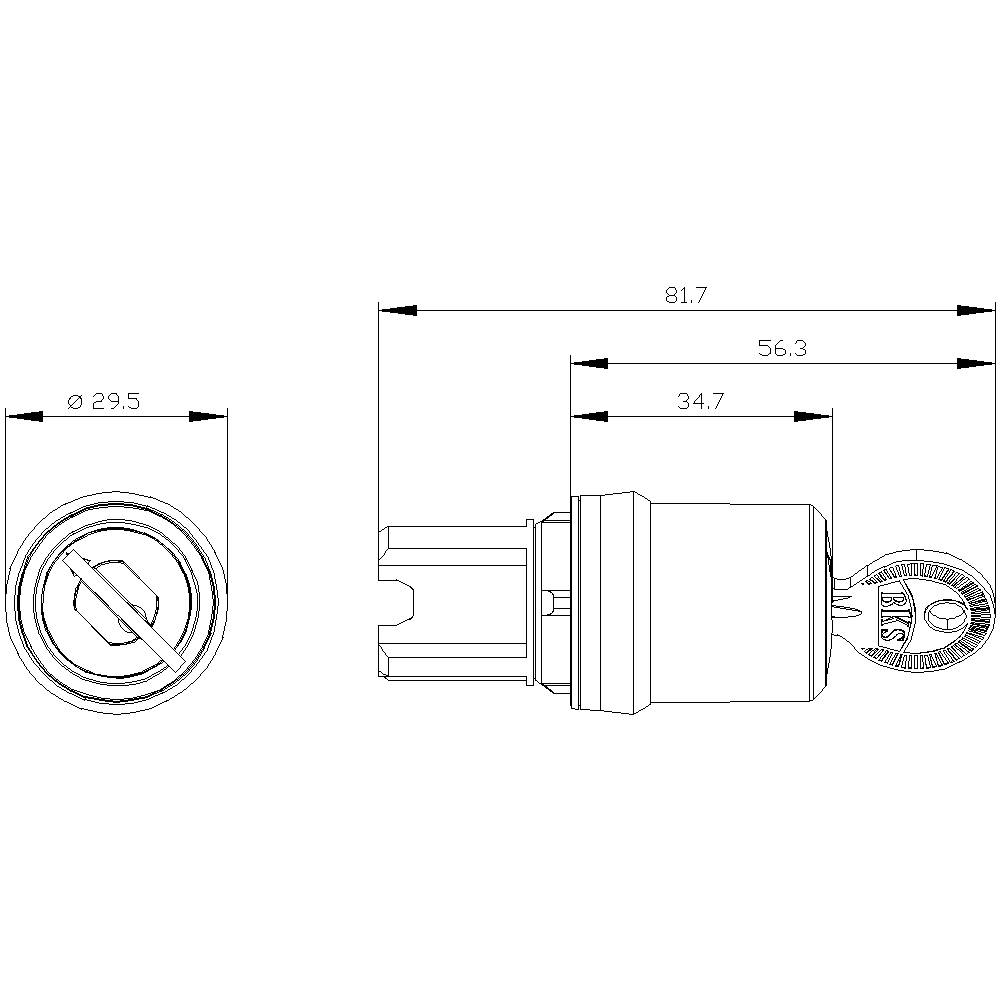 Technický výkres válcového zámku s rozměry: průměr 29,5 mm, délka 81,7 mm. Detailní pohled a klíč zobrazeny.