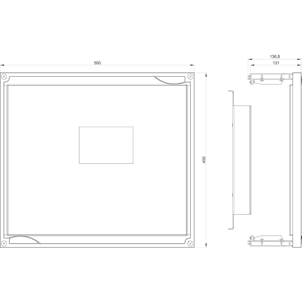 Technický výkres obdélníkového pouzdra s rozměry 500 x 450 mm a hloubkou 136,8 mm.