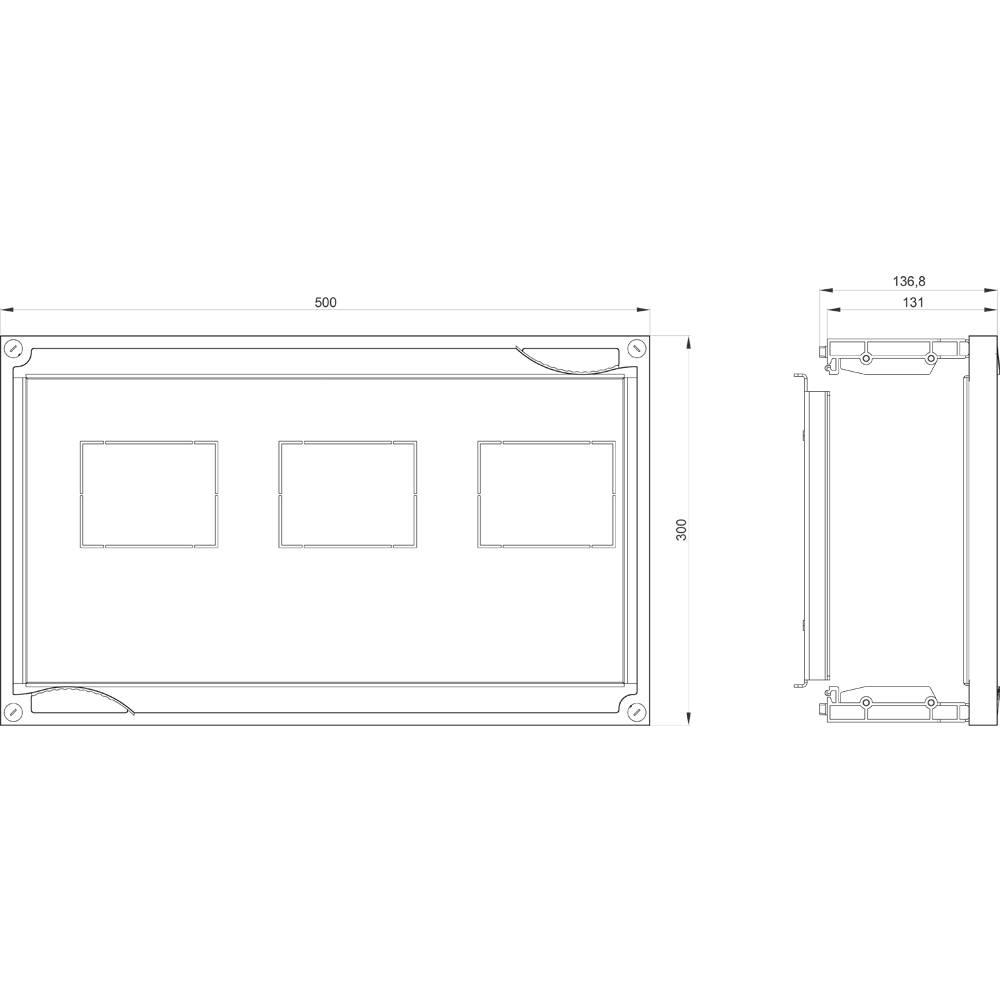 Technický výkres obdélníkové informační tabule se třemi stejně velkými oddíly uprostřed. Rozměry: 500 x 300 mm.