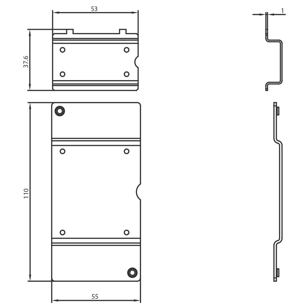 Technický výkres obdélníkové kovové komponenty o rozměrech 53 x 110 x 1 mm, boční pohled ukazuje zvlněnou hranu.