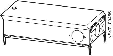 Technický výkres obdélníkové krabice s vypínači a tlačítky na jedné straně. Vyobrazeno s číslem modelu 'NSVO_00465'.