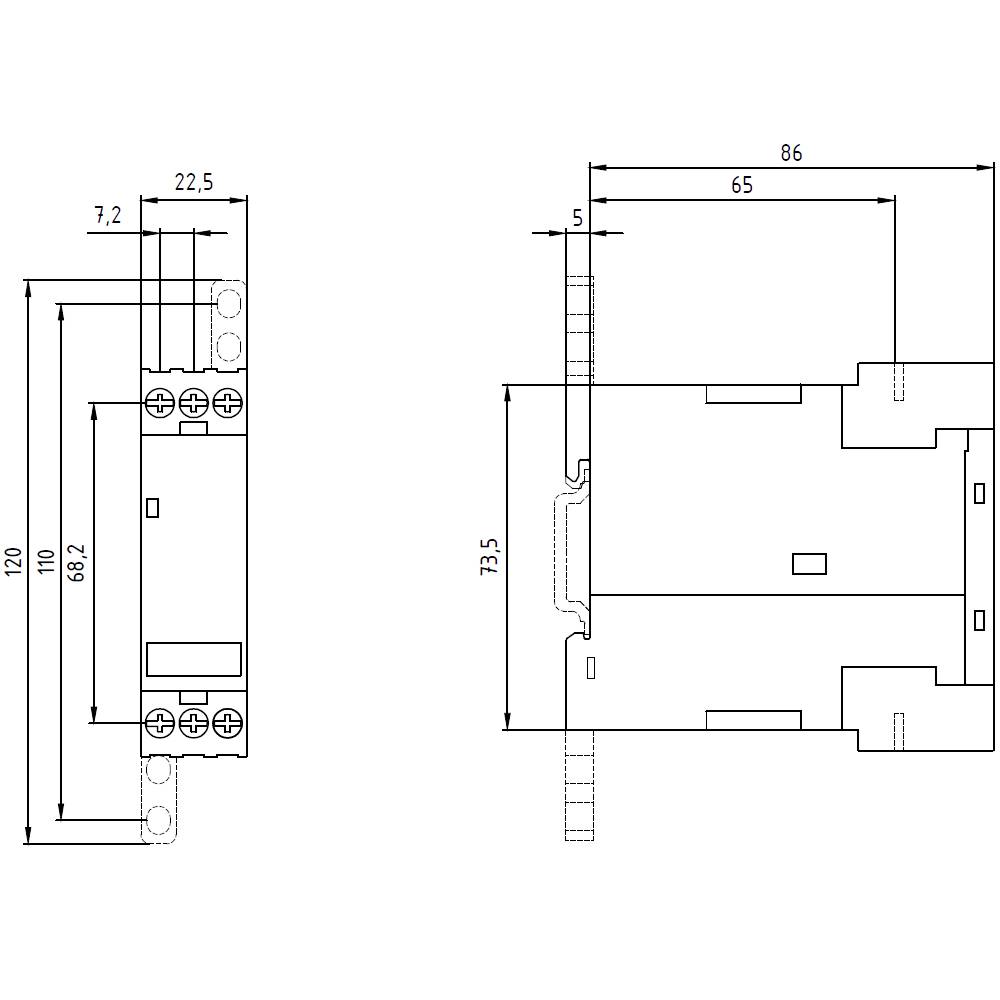 Výkres elektrické zástrčky s rozměry: šířka 22,5 mm, výška 100 mm. Boční pohled ukazuje hloubku 7,2 mm a výšku 73,5 mm.