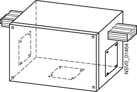 3D znázornění obdélníkové krabice s přerušovanými čárami, které ukazují otvory na dvou stranách, a kabelovými přípojkami na obou koncích.