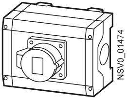 Technický výkres zobrazuje obdélníkovou skříň s kulatým, vyčnívajícím spínačem na přední straně.