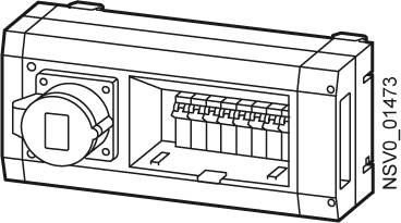 Technický diagram zobrazuje napájecí lištu s několika vstupy a pojistkovou skříní na pravé straně.