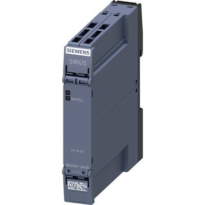 Modré ochranné relé Siemens Sirius, typ 3RN2000-2AA30, s popiskami 'TRIPPED' a '24V AC/DC', QR kód dole.