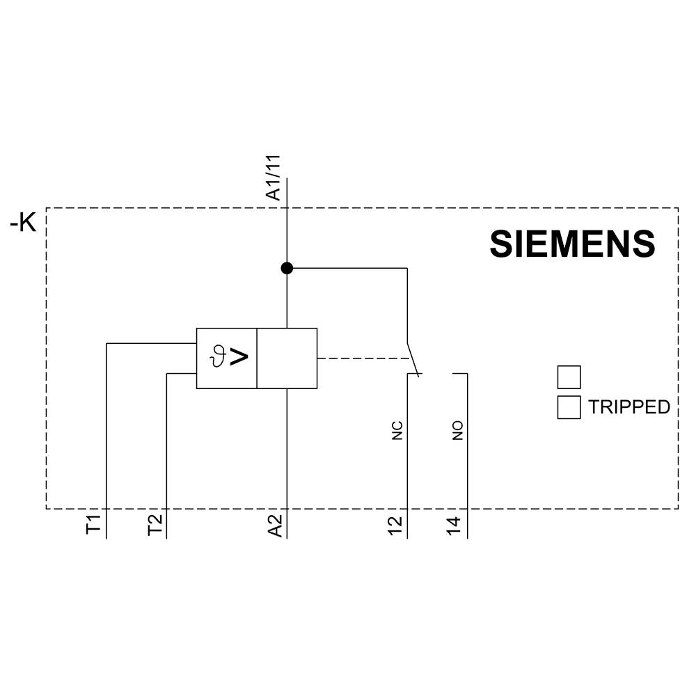 Schéma zapojení firmy Siemens: Relé se vstupy T1, T2 a výstupy A2, A1/11; kontakty NC, NO a indikátor 'TRIPPED'