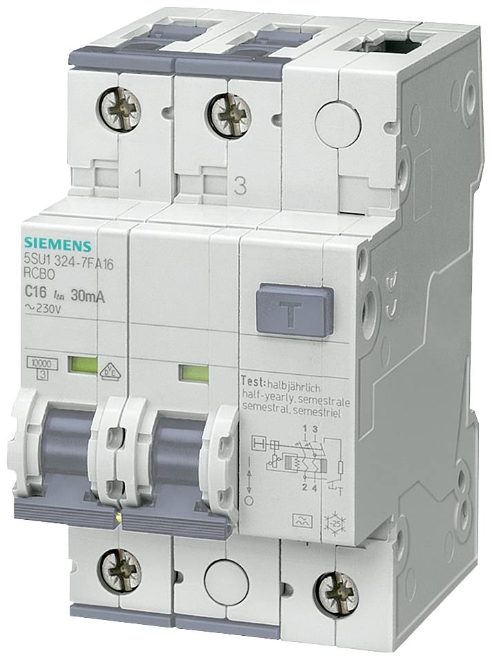 Siemens RCBO, model 5SU1324, jistič nadproudové a poruchové ochrany, C16, 30mA, 230V, s testovacím tlačítkem.