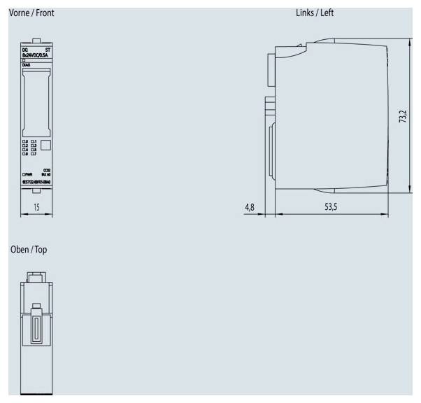 "Přední", "Horní" a "Levý" pohled na kompaktní elektronické zařízení s rozměry: 15mm na šířku, 73,2mm na výšku, 53,5mm na hloubku.