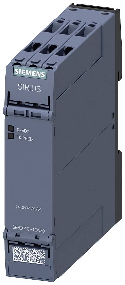 Elektronické spínací zařízení od Siemens, model Sirius. Signální světla pro 'PŘIPRAVENO' a 'VYPNUTO' a viditelná specifikace napětí.