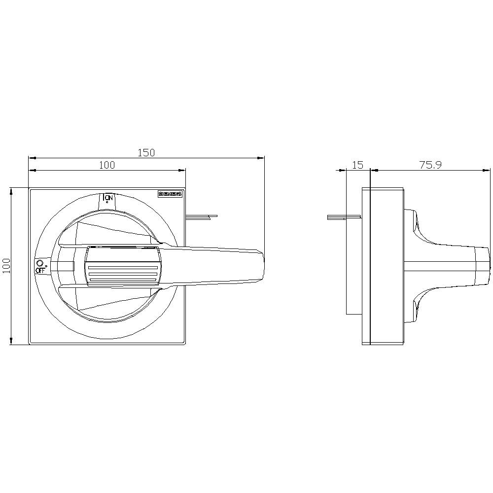 Technický výkres spínače s rozměry: Pohled zepředu ukazuje 100x100 mm, pohled z boku ukazuje hloubku 75,9 mm.