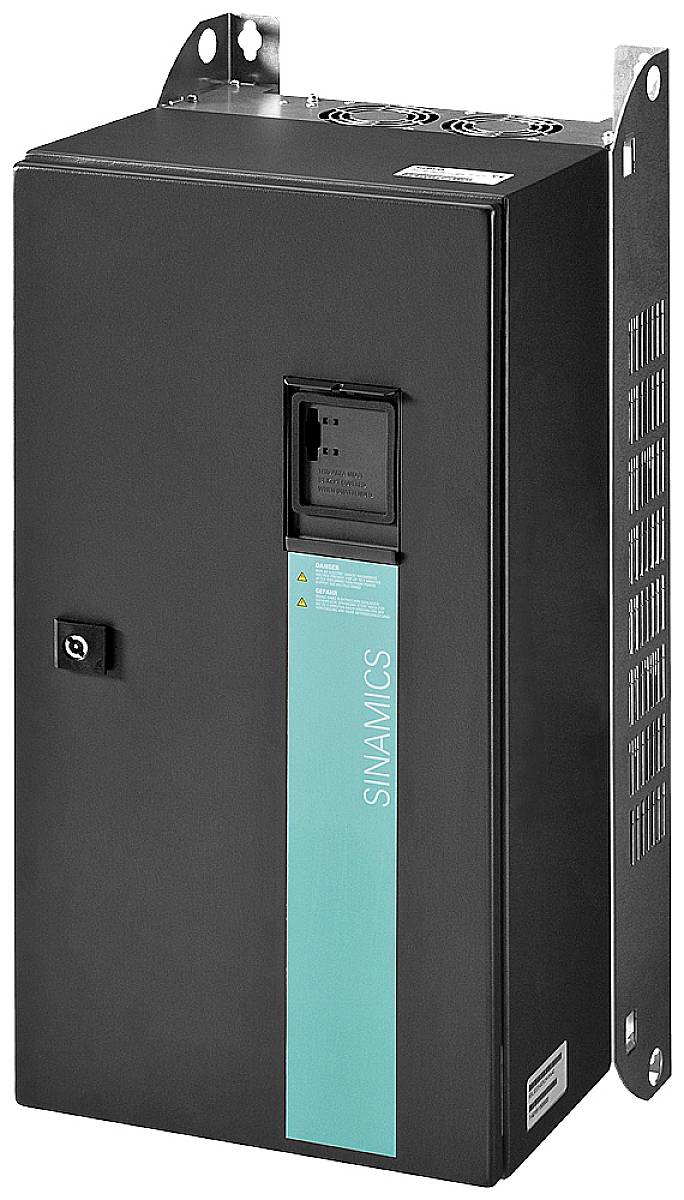 Frekvenční měnič 'Sinamics', černý, pro průmyslové pohonné technologie, montovatelný, s řídicím prostorem vpředu a značkovým označením.
