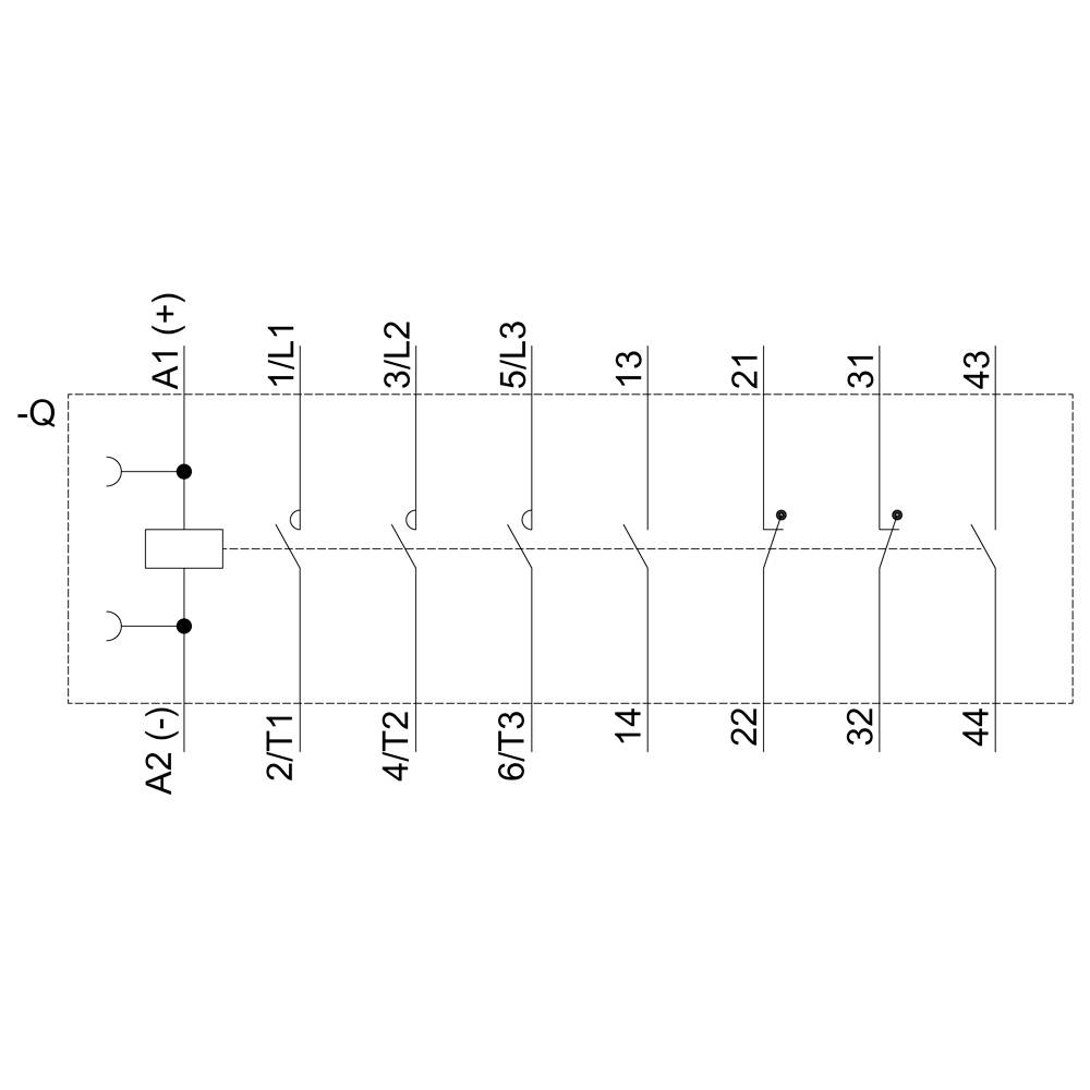 Schéma elektrického stykače se dvěma cívkami 'A1 (+)' a 'A2 (-)', třemi fázemi L1, L2, L3 a kontakty 13, 14, 21, 22.