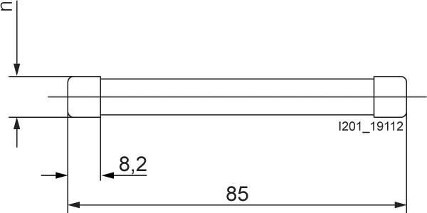 Technický výkres obdélníkové součástky s rozměry 85 mm a 8,2 mm. Vlevo nahoře kótovací šipka pro výšku.