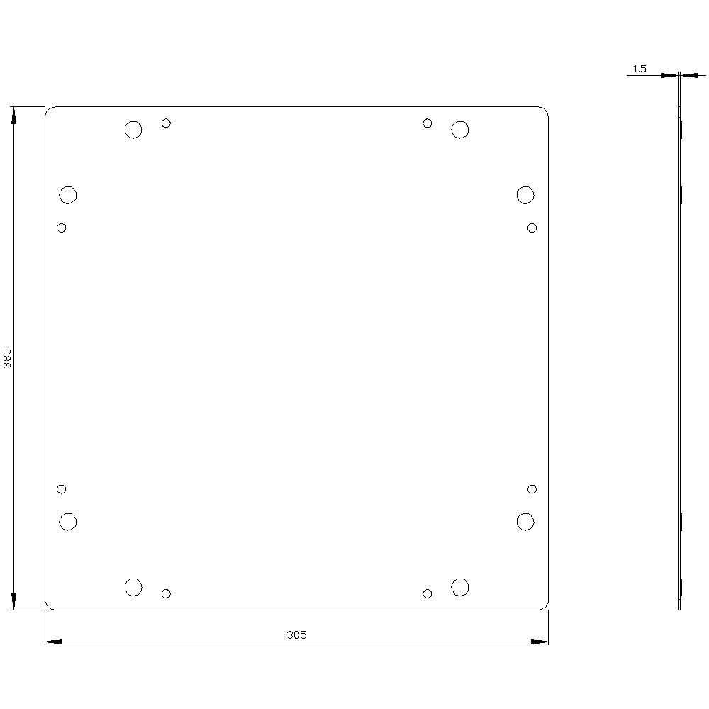 Technický výkres čtvercového kovového plechu s rozměry: 395 mm x 395 mm, tloušťka 1,5 mm, s několika montážními otvory.
