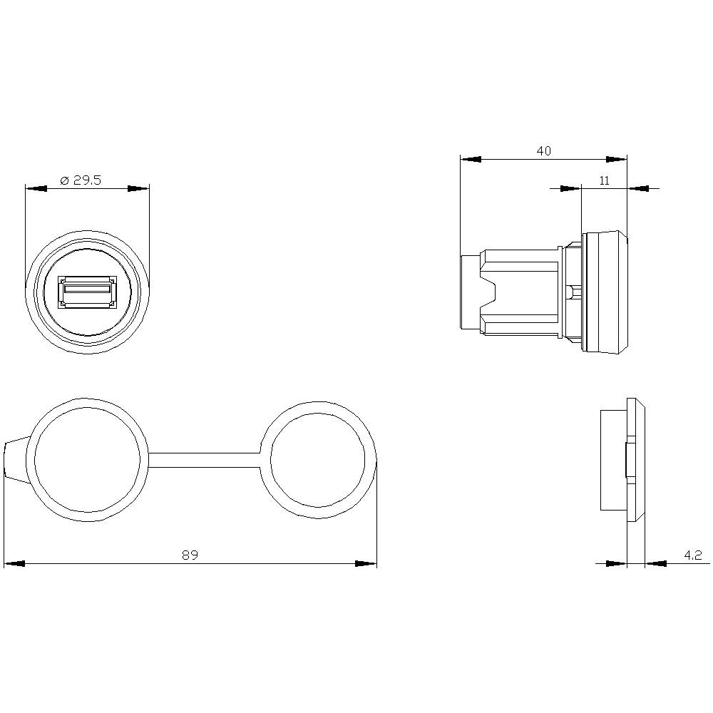 Technický výkres USB konektoru s rozměry: průměr 29,5 mm, celková délka 89 mm, další rozměry 40 x 11 mm, boční pohled 4,2 mm.