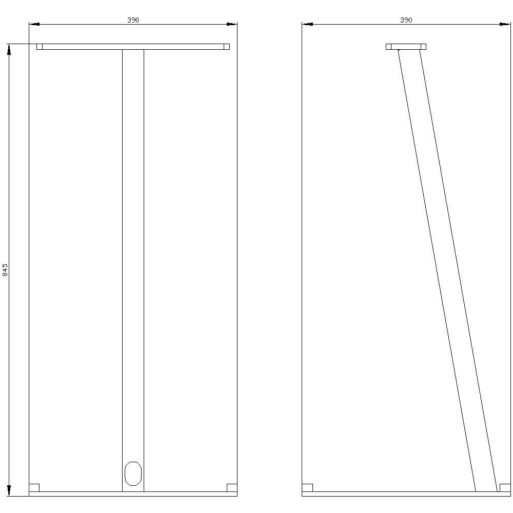Technický výkres kovového stojanu s pohledem z boku vlevo a šikmým pohledem vpravo; rozměry: 390 x 575 mm.