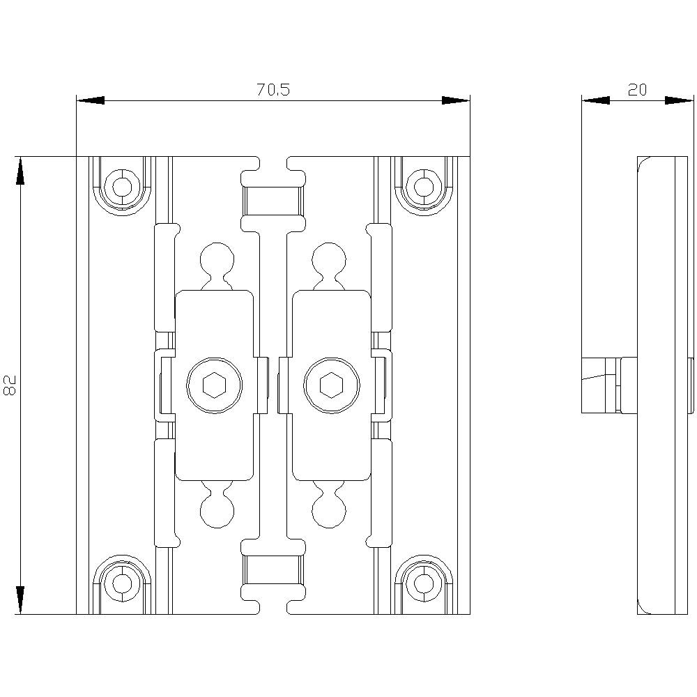 Technický výkres upevňovacího systému. Rozměry: 82 mm vysoký, 70,5 mm široký a 20 mm hluboký. Šrouby a montážní body viditelné.