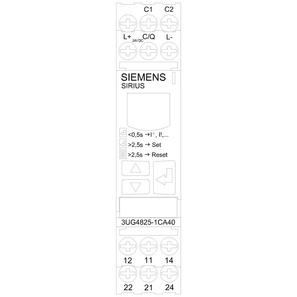 'Náhradní díl Siemens SIRIUS, tlačítko pro nastavení, model 3UG4825-1CA40. Připojení: C1, C2, 11-14, 21-24. Symboly pro návod k obsluze.'