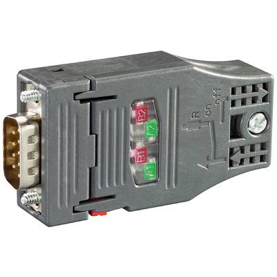 Šedý elektrický adaptérový modul s přepínačem a čtyřbarevnými LED indikátory (červená a zelená) pro různé provozní stavy.