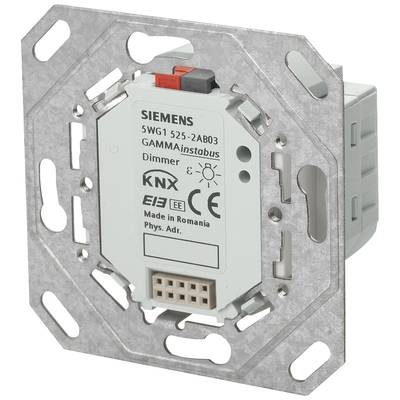 KNX stmívač od Siemens s modelovým číslem '5WG1 525-2AB03', vyrobený v Rumunsku. Stmívač je stříbrný a šedý.