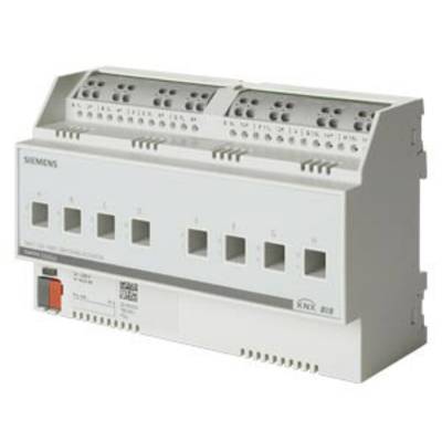 Spínač KNX od Siemens, zařízení pro řízení elektrických obvodů v inteligentních domácích systémech s několika možnostmi připojení.