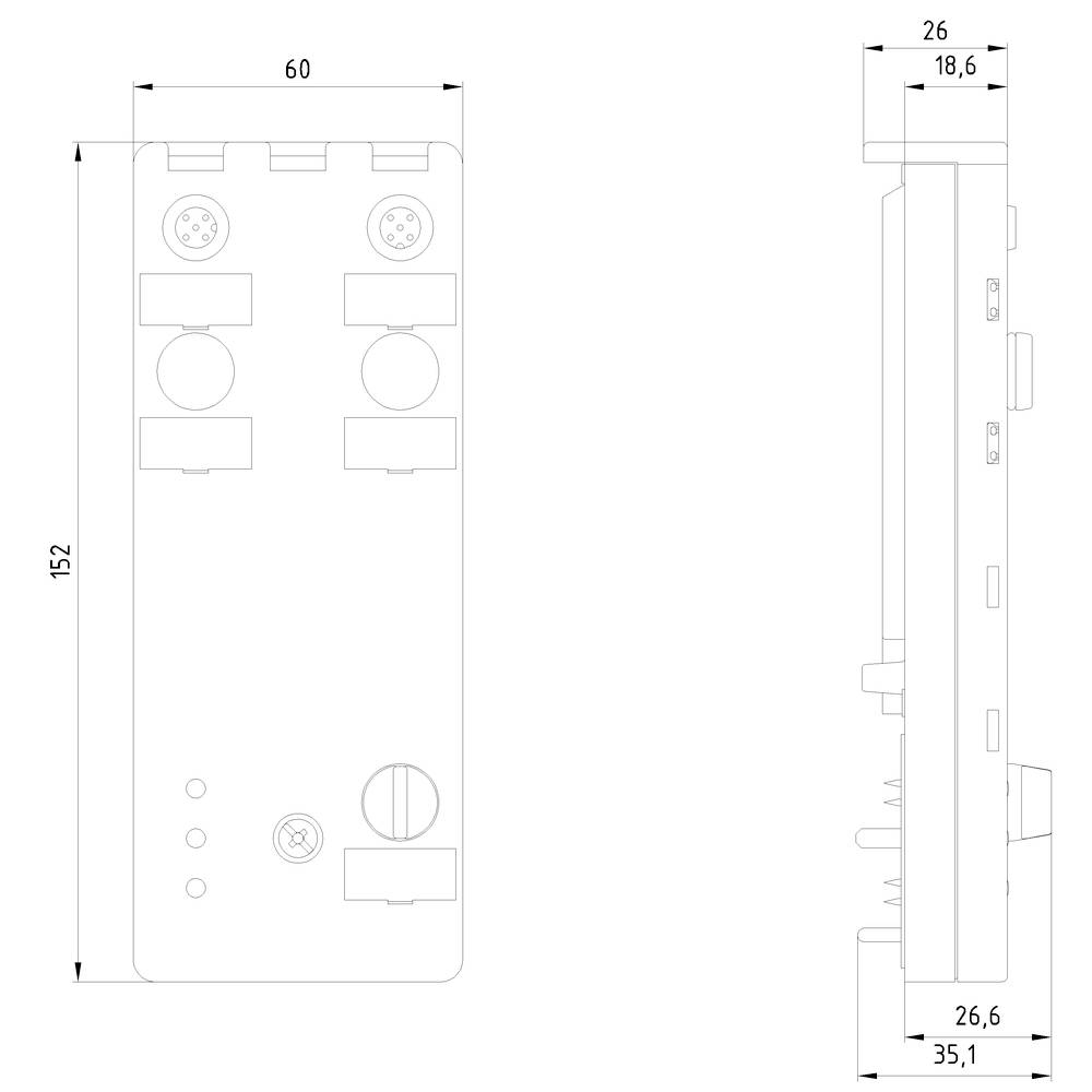 Technický výkres elektronického zařízení s pohledem zepředu a z boku. Rozměry: 152 x 60 mm čelní pohled, hloubka 26 mm.