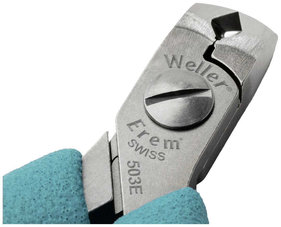 Detailní záběr štípacích kleští Weller Erem, model 503E, s tyrkysovými rukojeťmi. Nástroj pro přesné řezací práce.