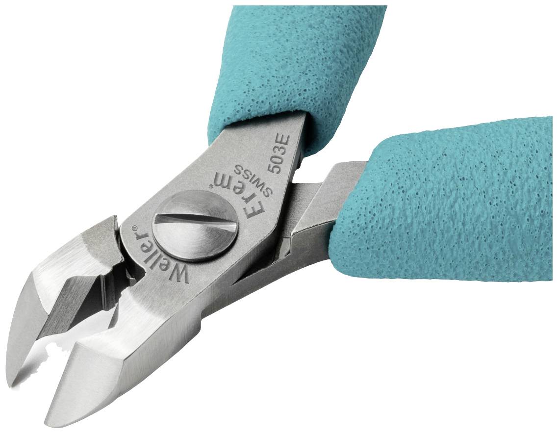 Kleště s tyrkysovými rukojeťmi a ostrými střižnými čelistmi, vhodné pro řezání drátů nebo jiných jemných materiálů.