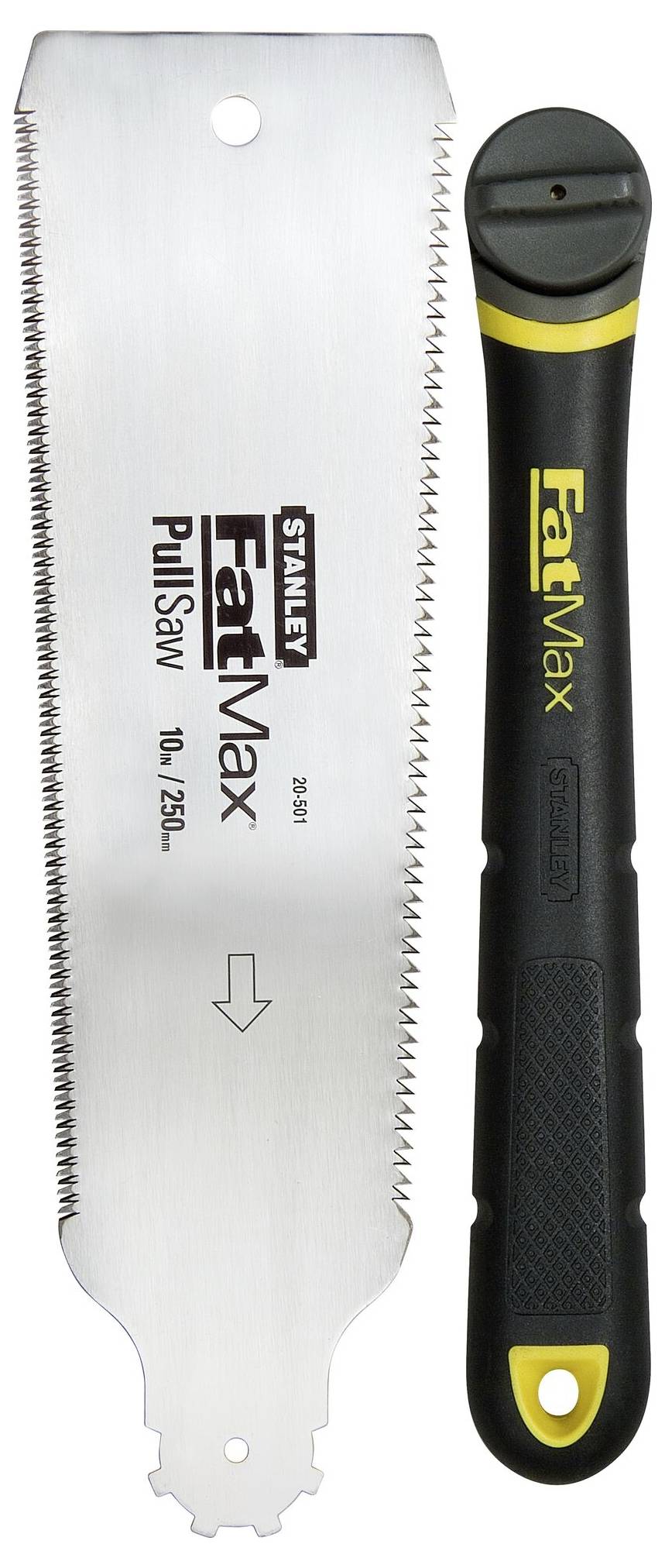 Pila se štítkem 'Stanley FatMax Pull Saw 10in 250mm' a černá rukojeť s žlutými detaily vedle ní.
