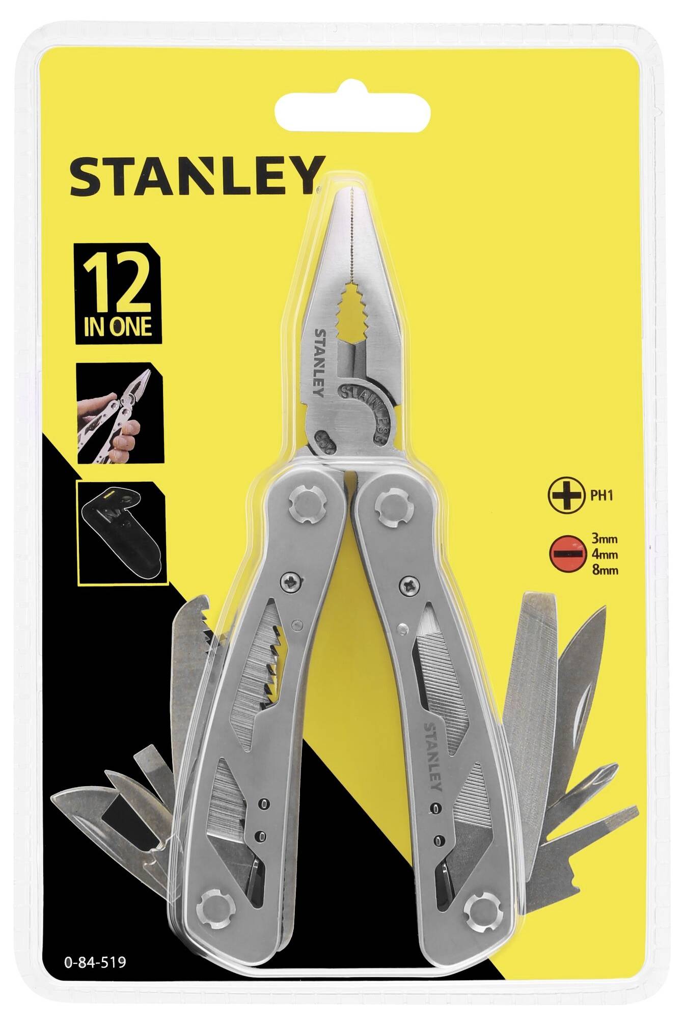 Na obrázku je multitool 'Stanley 12 v 1' v žluté krabičce. Jsou zde obsaženy různé nástroje jako kleště a šroubovák.