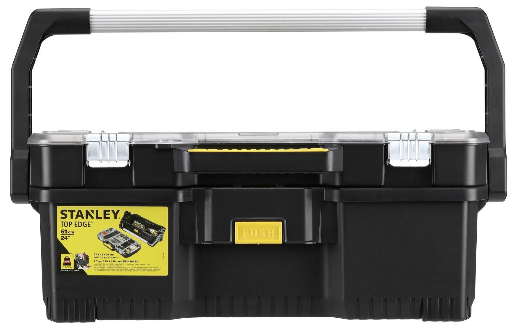 Černý kufřík na nářadí se žlutým logem 'Stanley' na přední straně a průhledným víkem; má ergonomicky tvarovanou rukojeť pro snadné nošení.