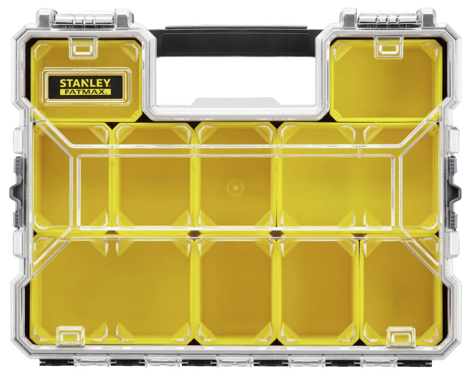 Úložný box 'STANLEY FATMAX' s průhledným víkem a deseti žlutými přihrádkami.