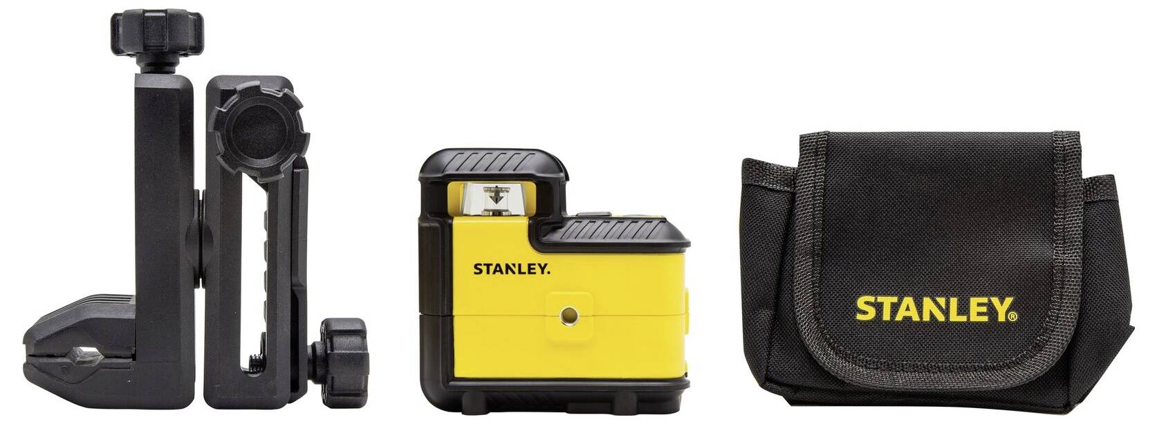 Laserový vodní váleček se sadou držáku, žlutým přístrojem a černou taškou Stanley; vhodný pro přesná měření ve stavebnictví.