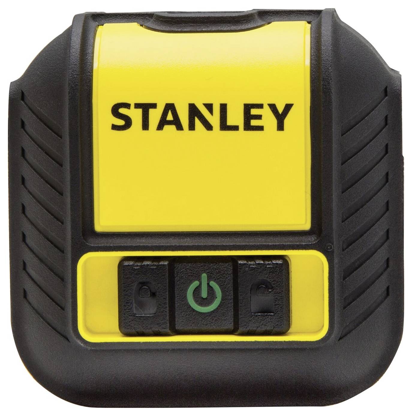 Úrovňový box od Stanleyho se žlutým pouzdrem a dvěma přepínači na přední straně, pod nimi je vypínač zapnuto/vypnuto.