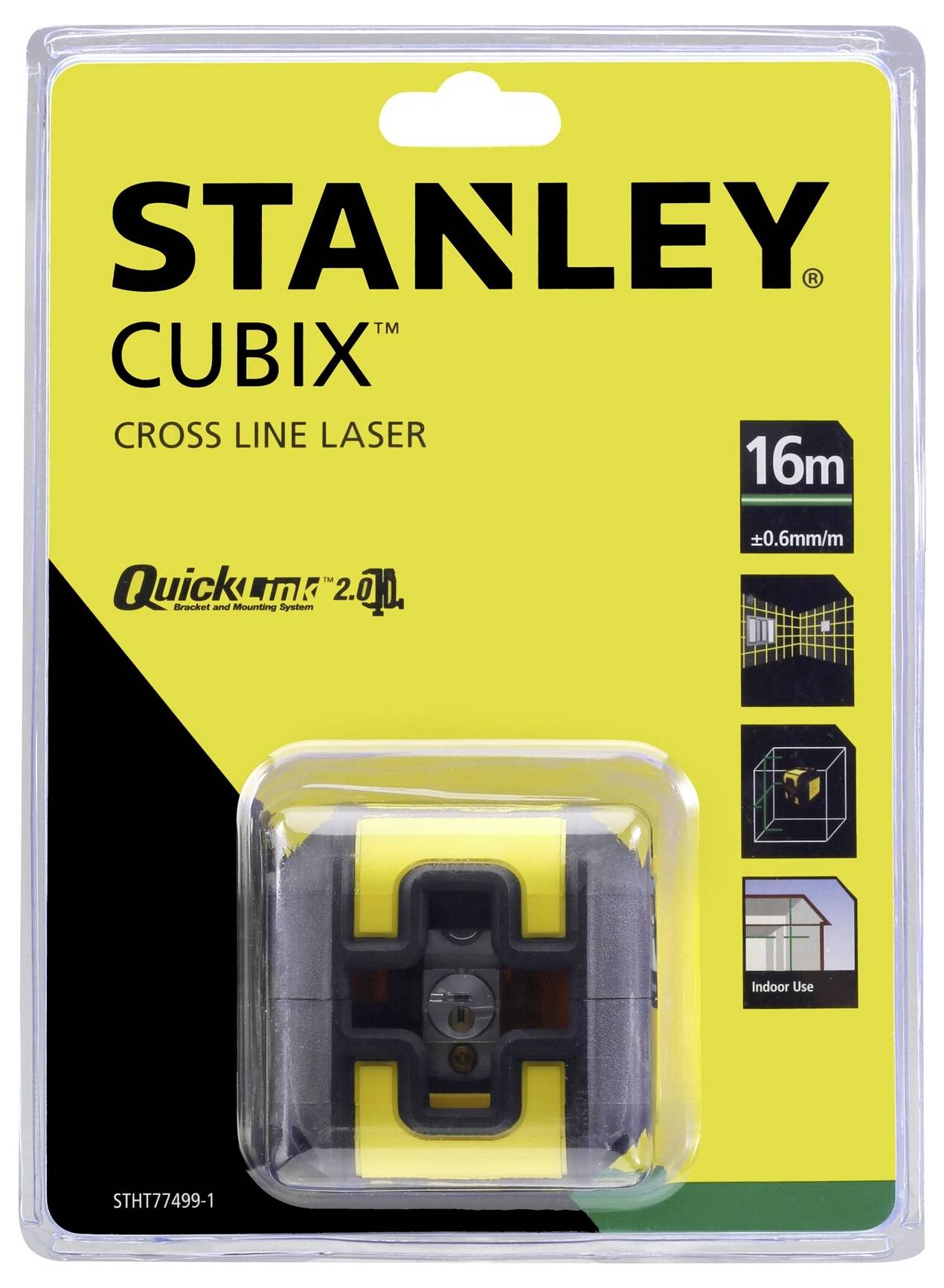 Balení křížového linkového laseru Stanley Cubix, dosah 16 m, určený pro vnitřní prostory. Obsahuje obrázek laserové projekce.