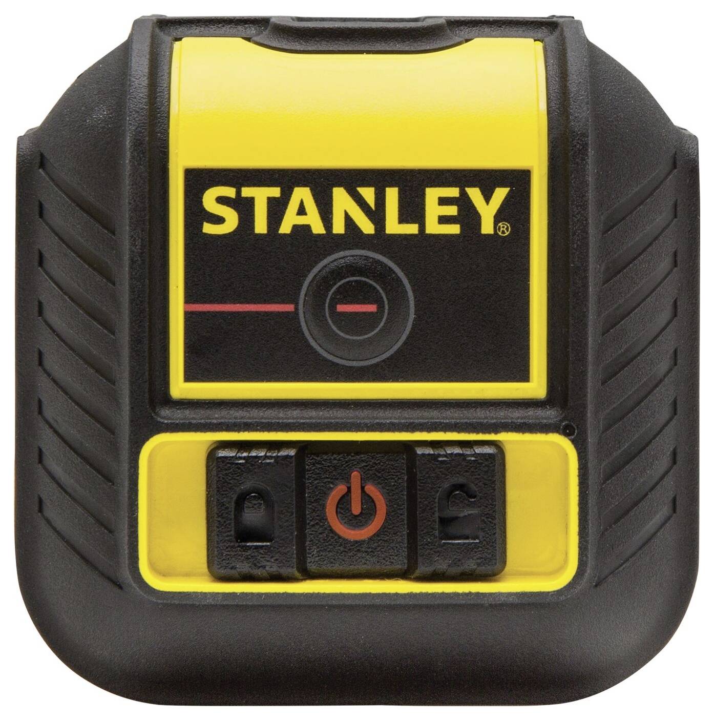 Žluté a černé zařízení značky Stanley se dvěma tlačítky a centrálním displejem.