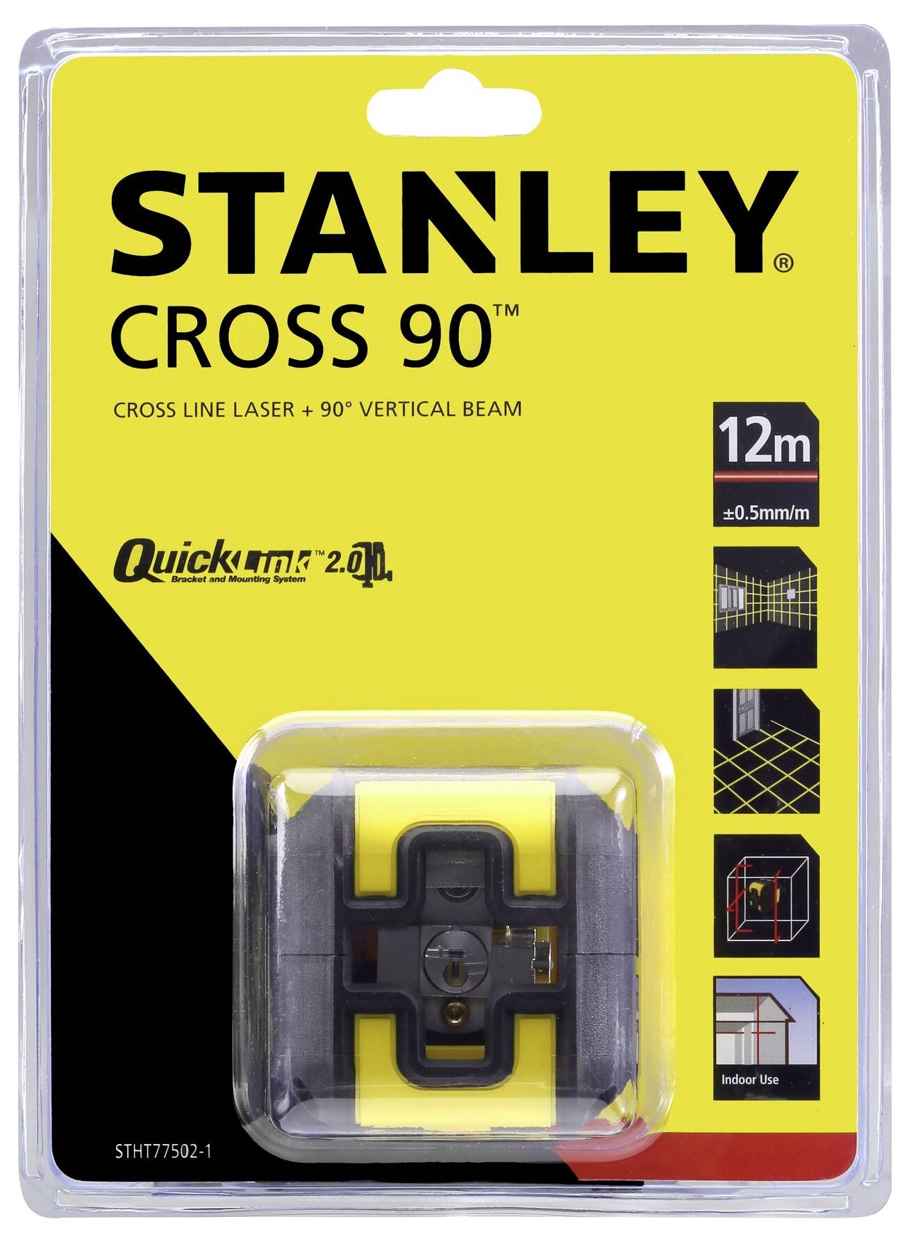 Laserový křížový přístroj Stanley 'CROSS 90', dosah 12 m, přesnost ±0,5 mm/m, včetně vertikálního 90° paprsku, funkce Quicklink.