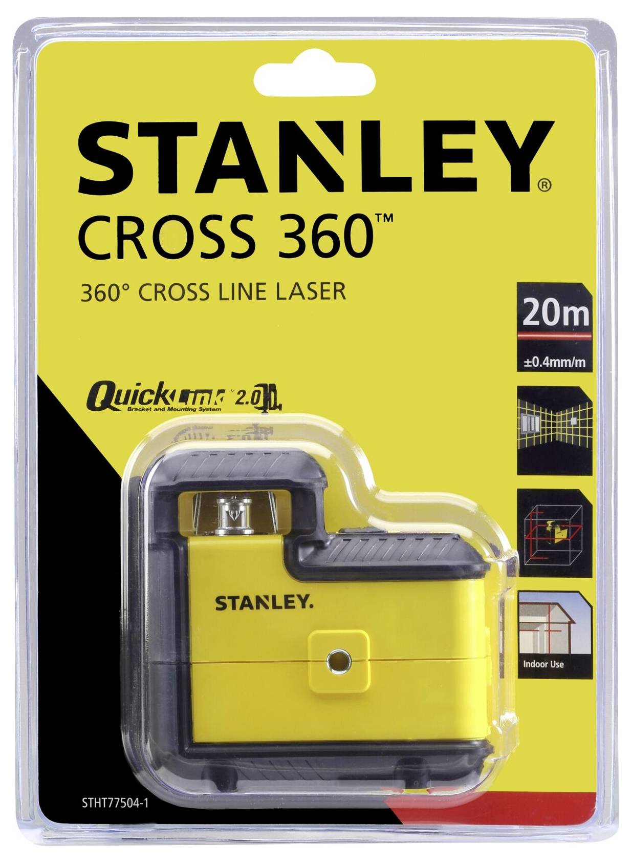'Stanley Cross 360' nástroj v obalu, zobrazuje laserové zařízení pro vnitřní použití s dosahem 20 metrů. Obal je žlutý a černý.