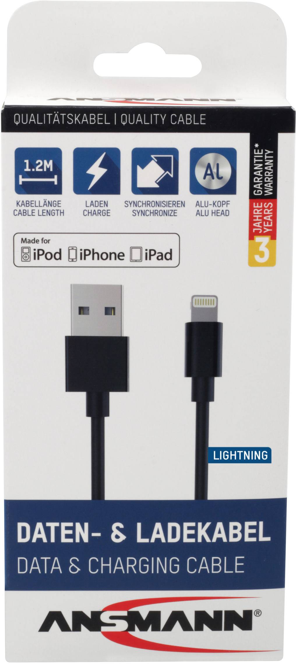 Balení datového a nabíjecího kabelu pro zařízení Apple. Délka 1,2 metru, hliníková koncovka, 3 roky záruky. Kompatibilní s iPod, iPhone, iPad.