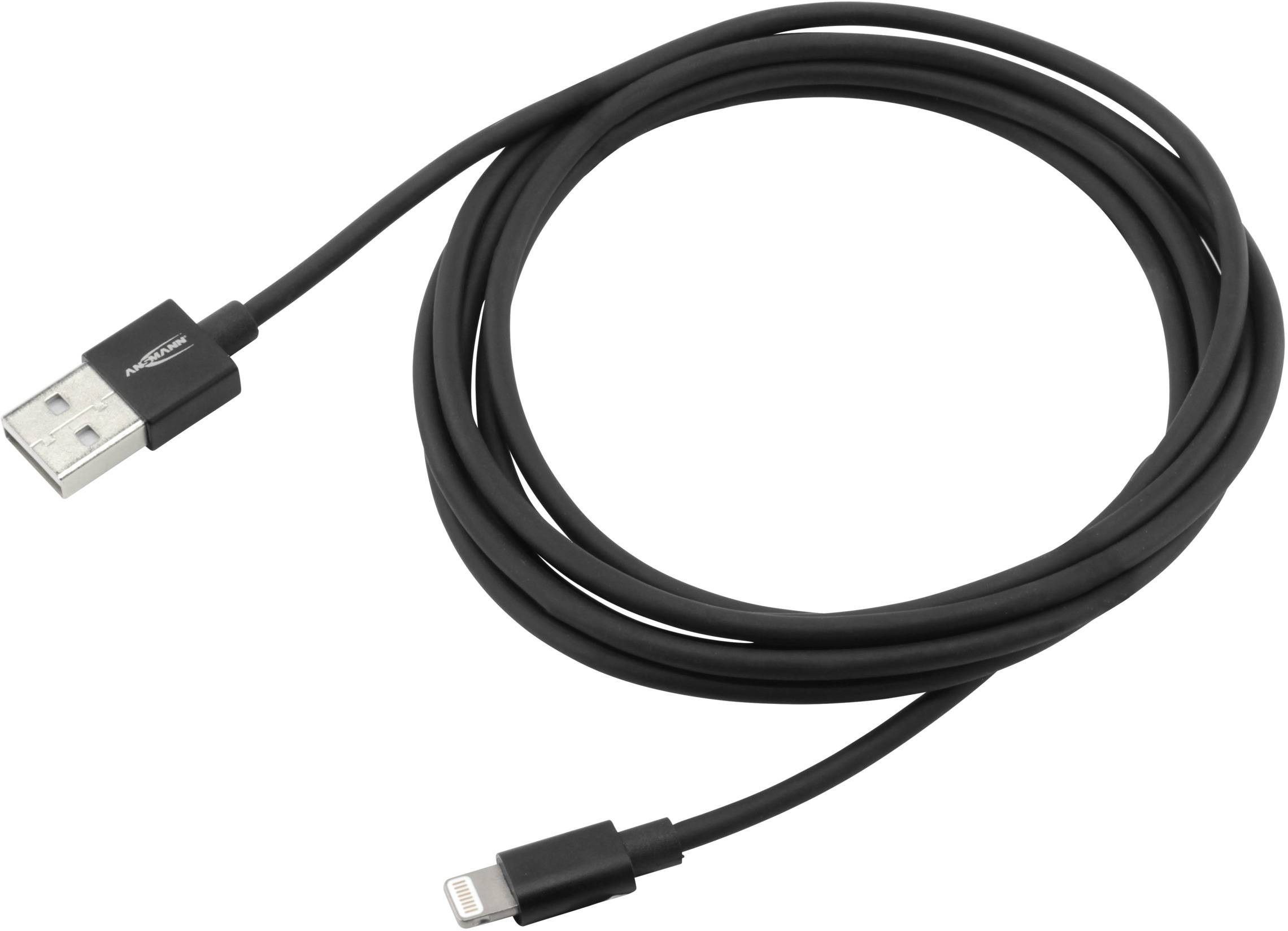 Černý USB kabel se standardním USB konektorem a Lightning konektorem, vhodný pro nabíjení a přenos dat.
