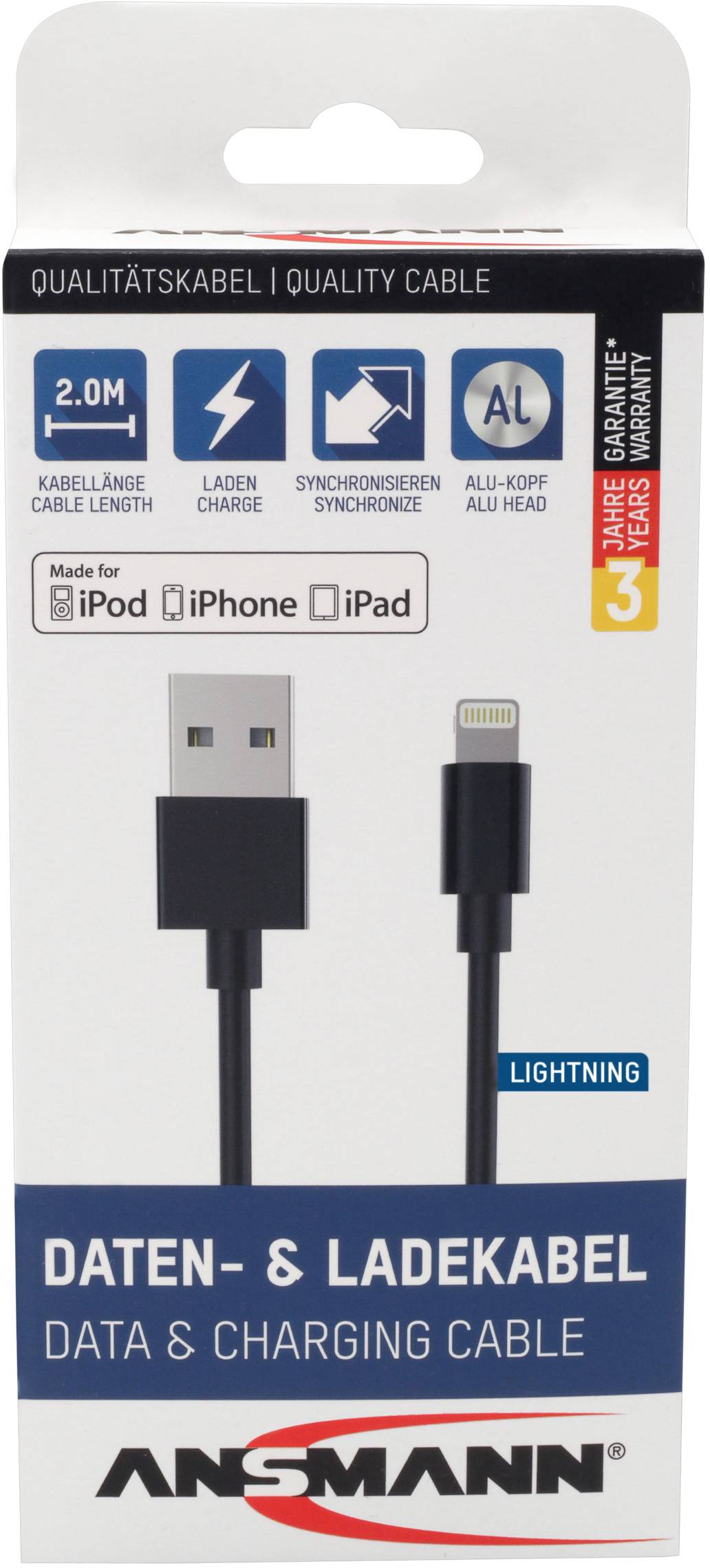 Balení pro datový a nabíjecí kabel Ansmann. Kompatibilní s iPod, iPhone, iPad. Délka 2m. Obsahuje 3letou záruku.
