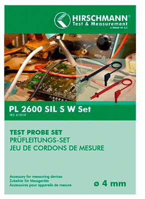 Obchodní balení pro Hirschmann Test & Measurement sady testovacích hrotů 'PL 2600 SIL S W Set' s obrázky hrotů vodičů a desky plošných spojů, označené 'ø 4 mm'.