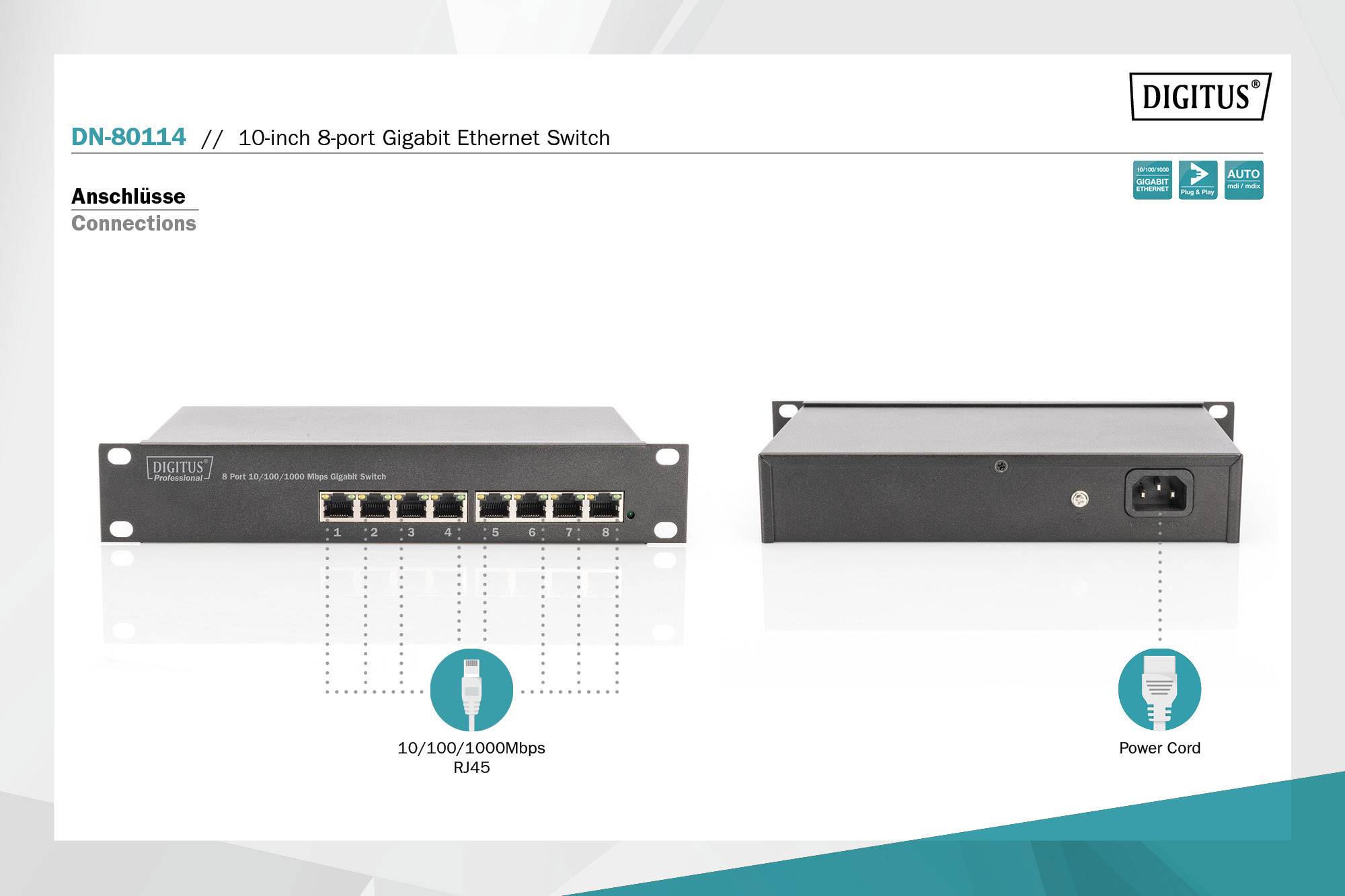 10palcový 8portový gigabitový ethernetový switch s 10/100/1000 Mbps RJ45 porty a síťovým připojením. Číslo modelu: DN-80114.