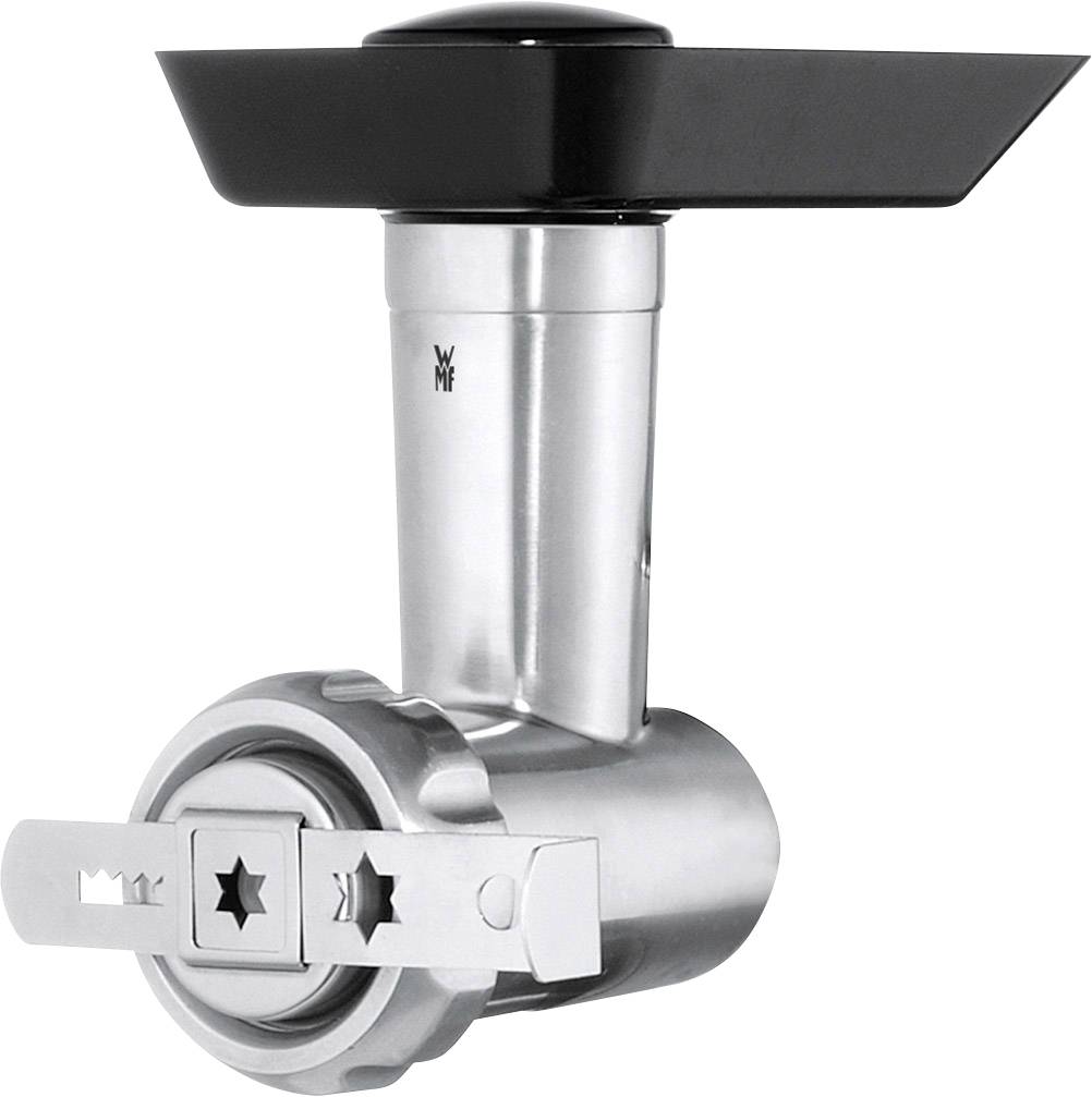 Stříbrné příslušenství mlýnku na maso s černou rukojetí, vhodné pro připevnění k kuchyňskému robotu, primárně určené k mletí masa.